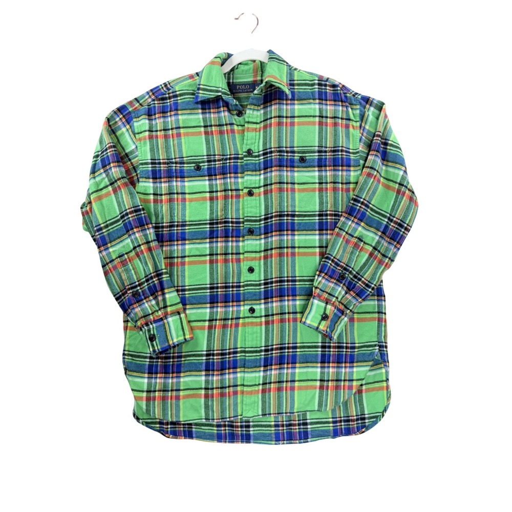 Polo Ralph Lauren Plaid Shirt Mens Medium Lime Green Excellent Cotton Flannel
